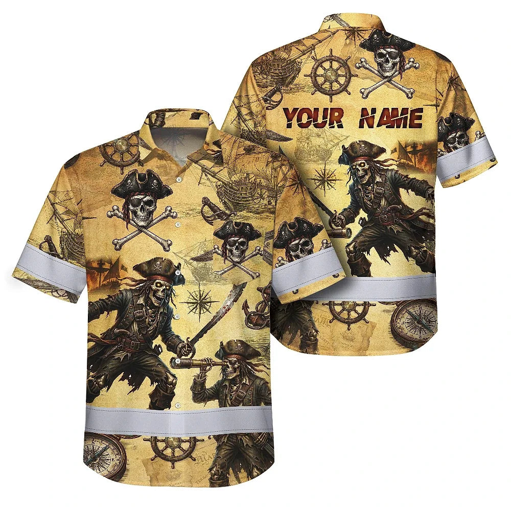 Hi Vis Hawaiian Shirt Reflective Tapes Skull Boat Custom Name Safety Workwear For Workers, Truckers, Operators