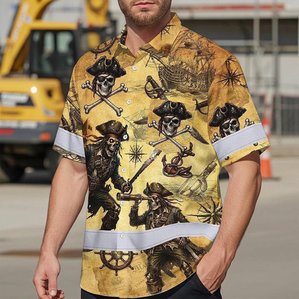 Hi Vis Hawaiian Shirt Reflective Tapes Skull Boat Custom Name Safety Workwear For Workers, Truckers, Operators