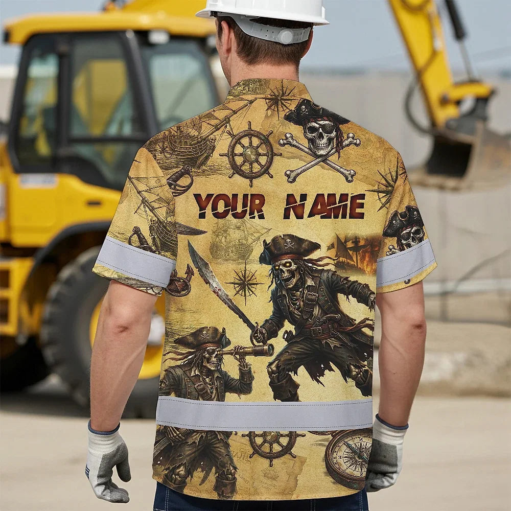 Hi Vis Hawaiian Shirt Reflective Tapes Skull Boat Custom Name Safety Workwear For Workers, Truckers, Operators