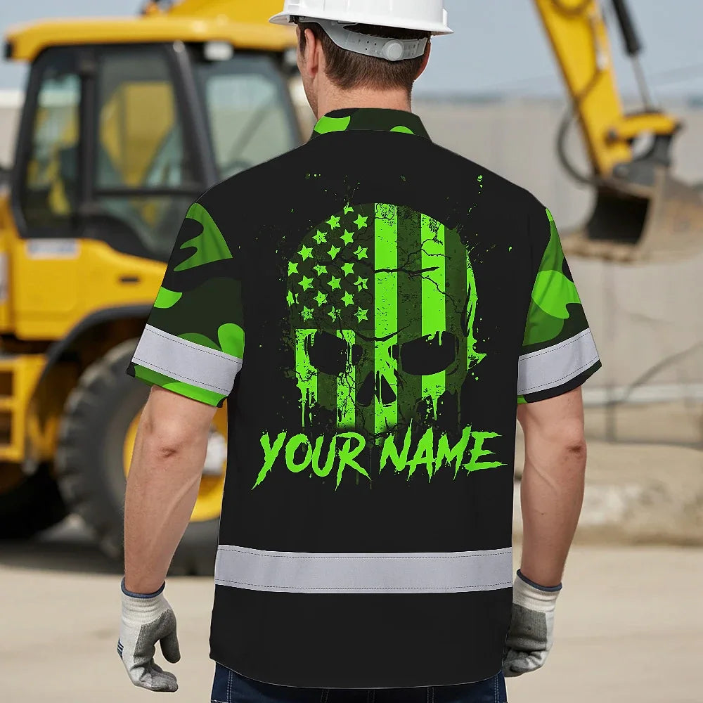 Hi Vis Hawaiian Shirt Reflective Tapes Skull Camo USA Flag Custom Name Safety
