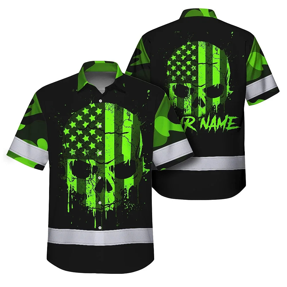 Hi Vis Hawaiian Shirt Reflective Tapes Skull Camo USA Flag Custom Name Safety
