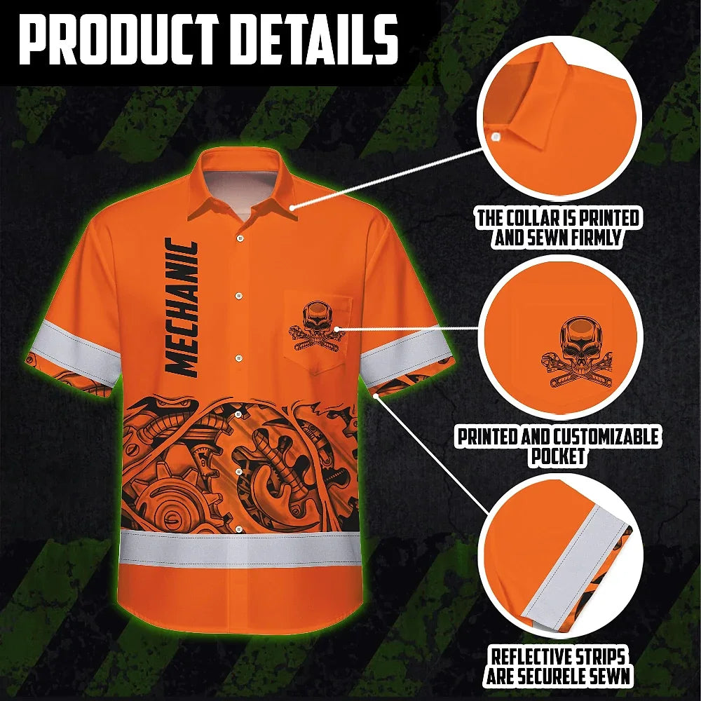 Hi Vis Hawaiian Shirt Reflective Tapes Skull Mechanic Custom Name Safety Workwear