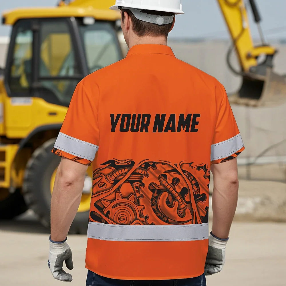 Hi Vis Hawaiian Shirt Reflective Tapes Skull Mechanic Custom Name Safety Workwear