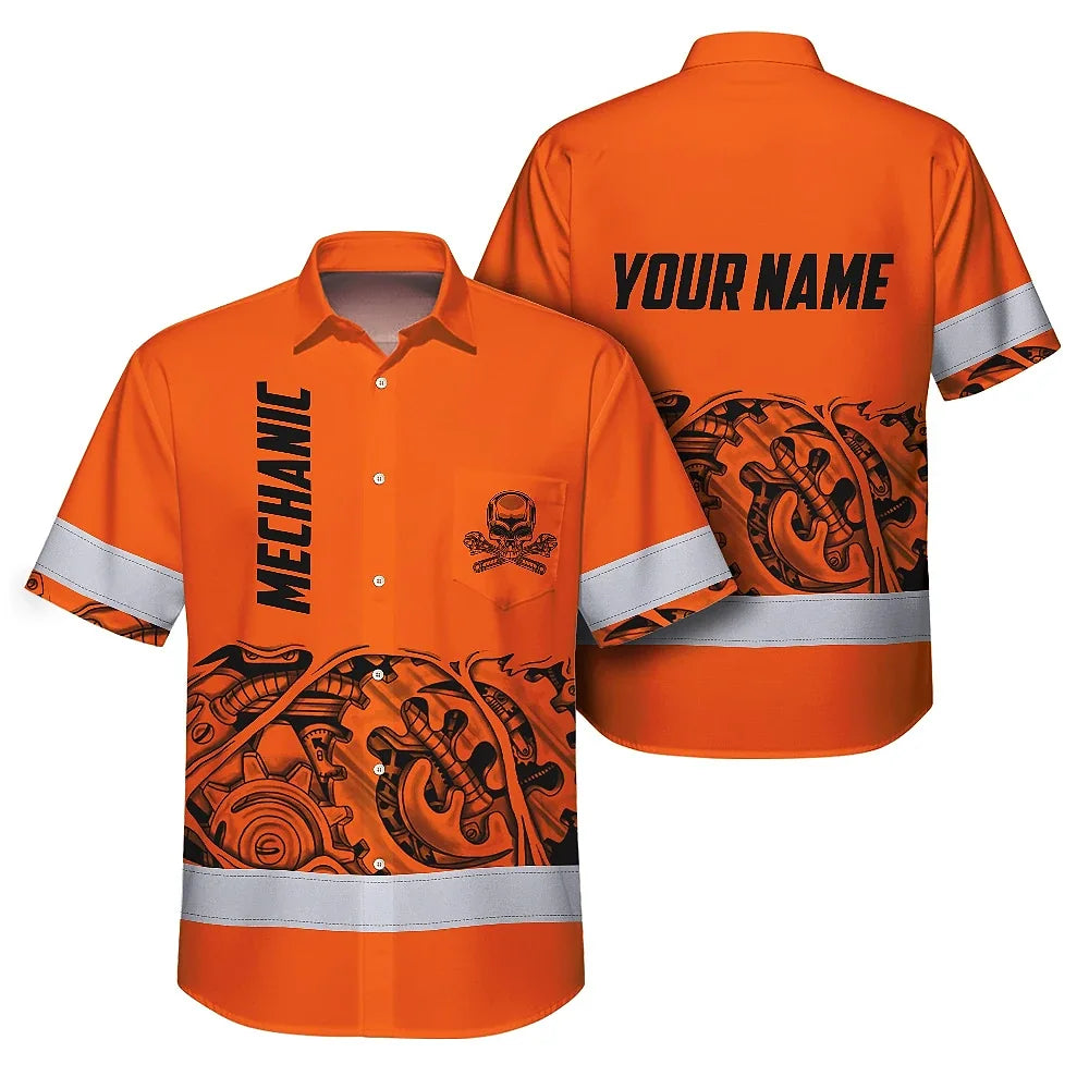 Hi Vis Hawaiian Shirt Reflective Tapes Skull Mechanic Custom Name Safety Workwear