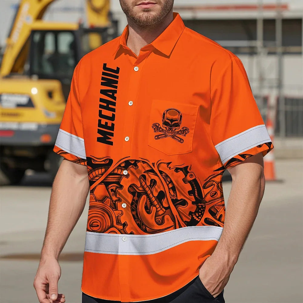Hi Vis Hawaiian Shirt Reflective Tapes Skull Mechanic Custom Name Safety Workwear