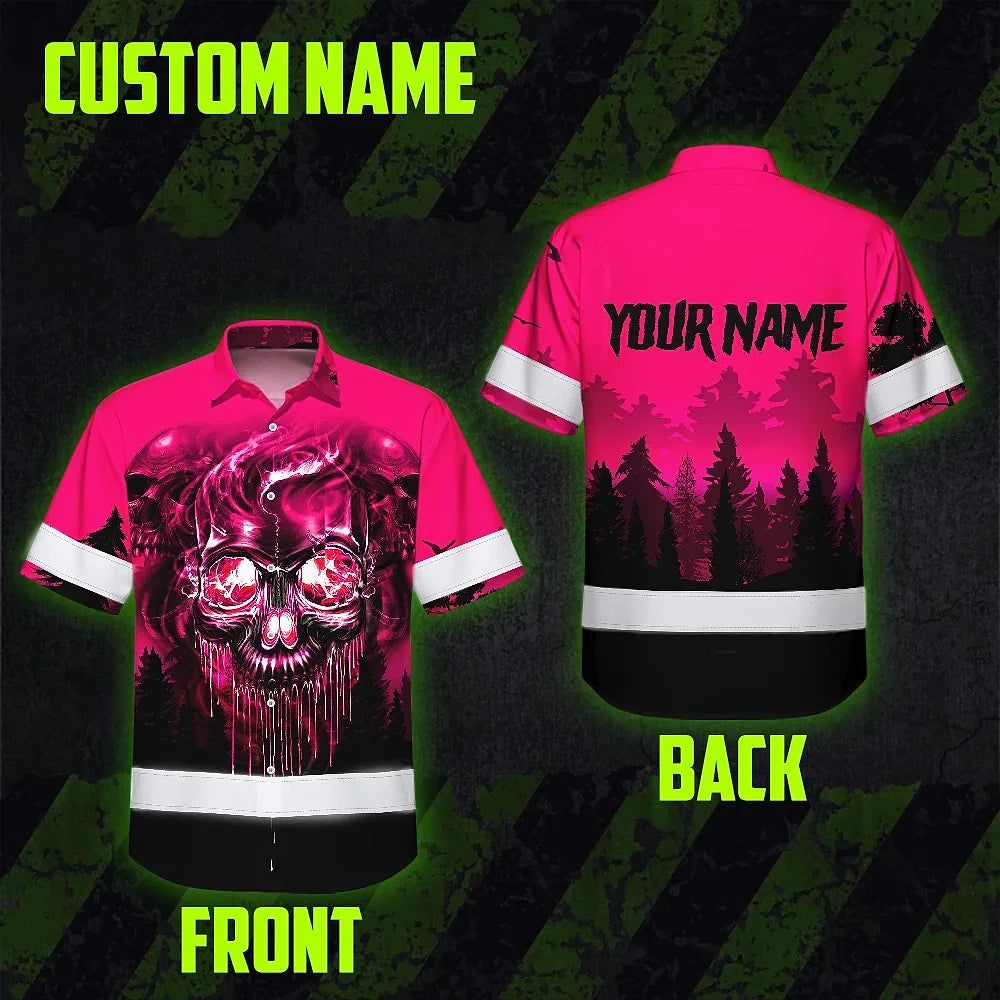 Hi Vis Hawaiian Shirt Reflective Tapes Skull Pink Neon Workwear Safety For Women Men Worker, Trucker, Operator, Skull Lovers, Drivers, Runners