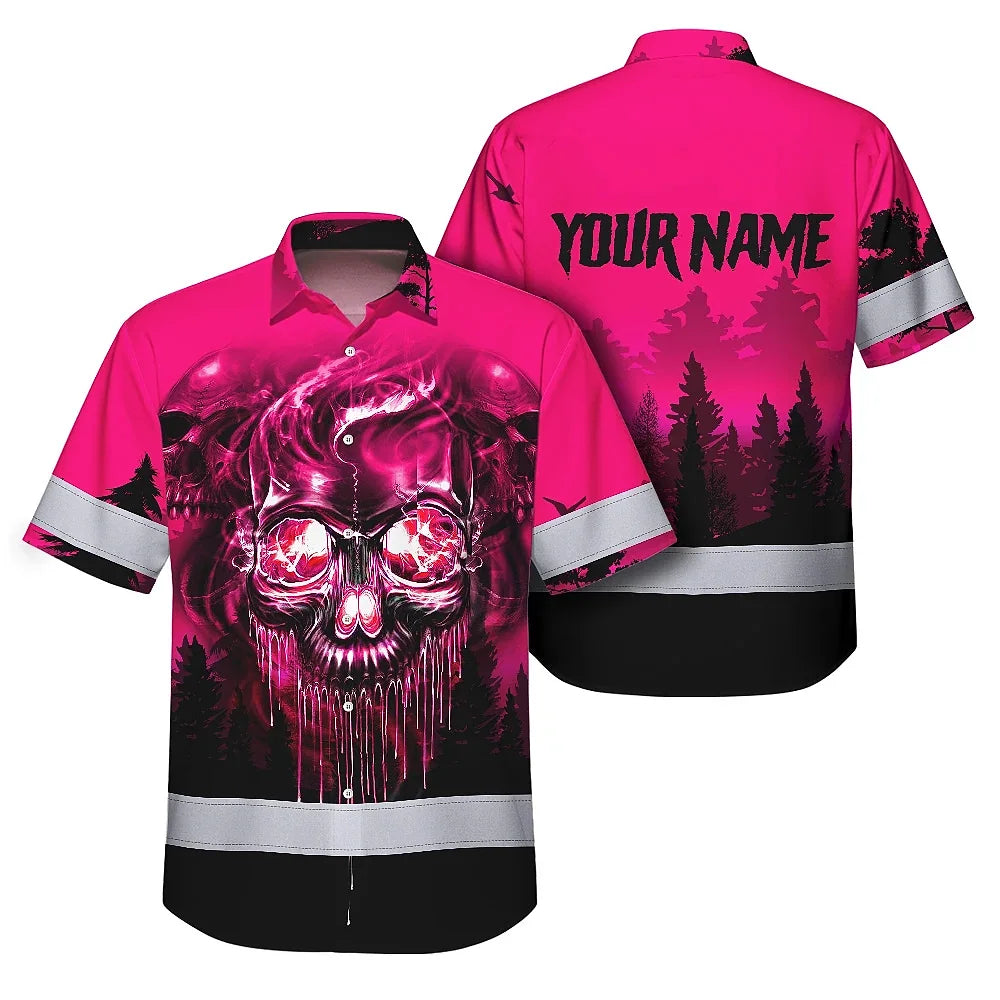 Hi Vis Hawaiian Shirt Reflective Tapes Skull Pink Neon Workwear Safety For Women Men Worker, Trucker, Operator, Skull Lovers, Drivers, Runners