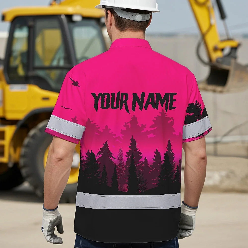 Hi Vis Hawaiian Shirt Reflective Tapes Skull Pink Neon Workwear Safety For Women Men Worker, Trucker, Operator, Skull Lovers, Drivers, Runners