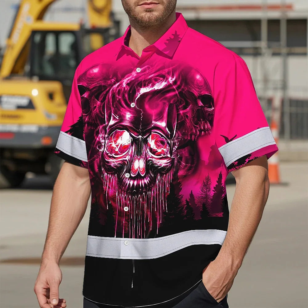 Hi Vis Hawaiian Shirt Reflective Tapes Skull Pink Neon Workwear Safety For Women Men Worker, Trucker, Operator, Skull Lovers, Drivers, Runners