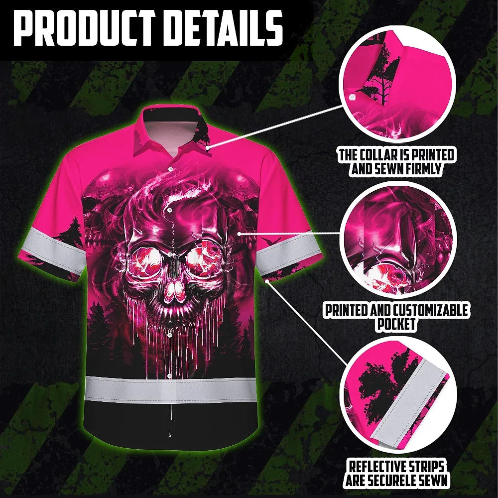 Hi Vis Hawaiian Shirt Reflective Tapes Skull Pink Neon Workwear Safety For Women Men Worker, Trucker, Operator, Skull Lovers, Drivers, Runners
