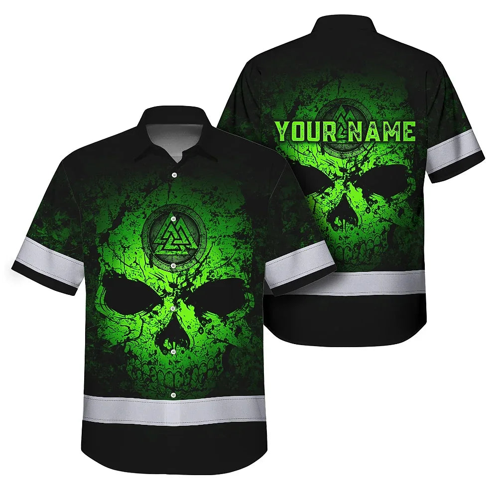 Hi Vis Hawaiian Shirt Reflective Tapes Skull Viking Symbol Green Neon Custom Name