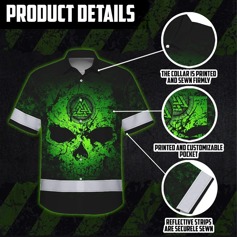 Hi Vis Hawaiian Shirt Reflective Tapes Skull Viking Symbol Green Neon Custom Name