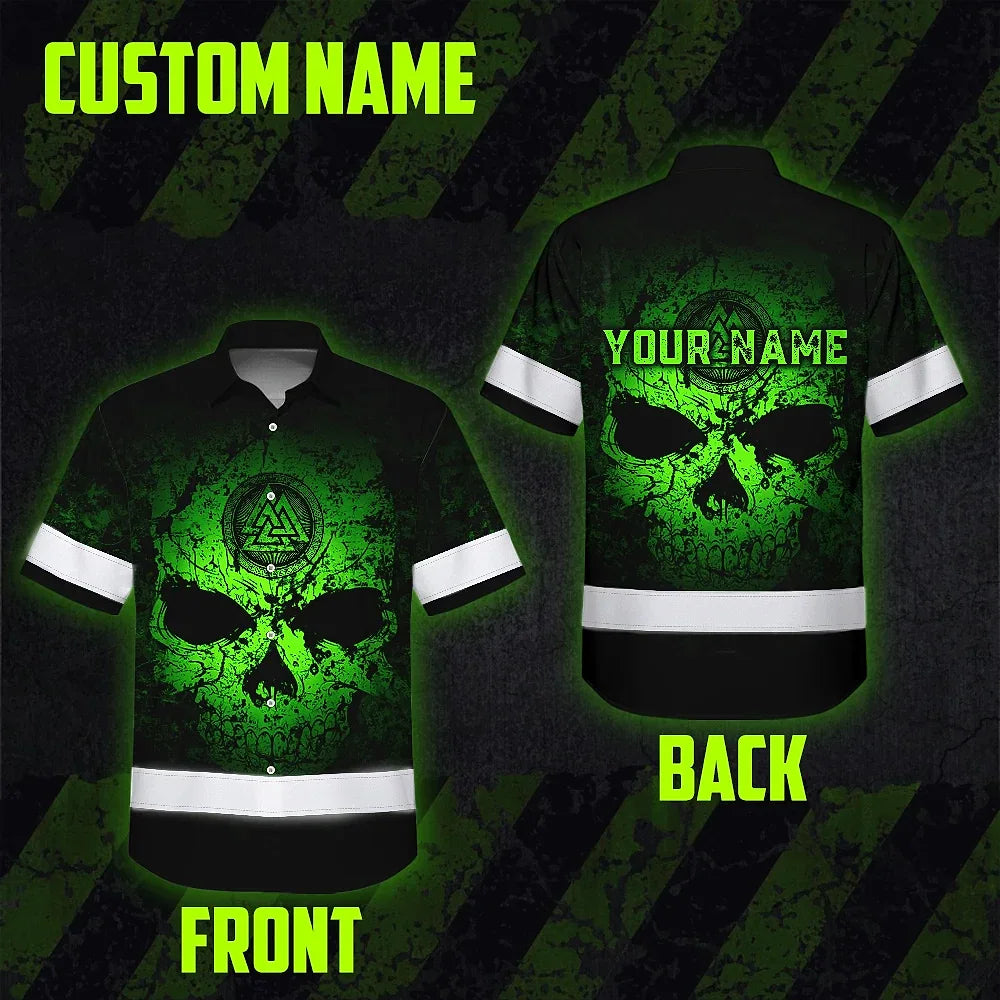 Hi Vis Hawaiian Shirt Reflective Tapes Skull Viking Symbol Green Neon Custom Name