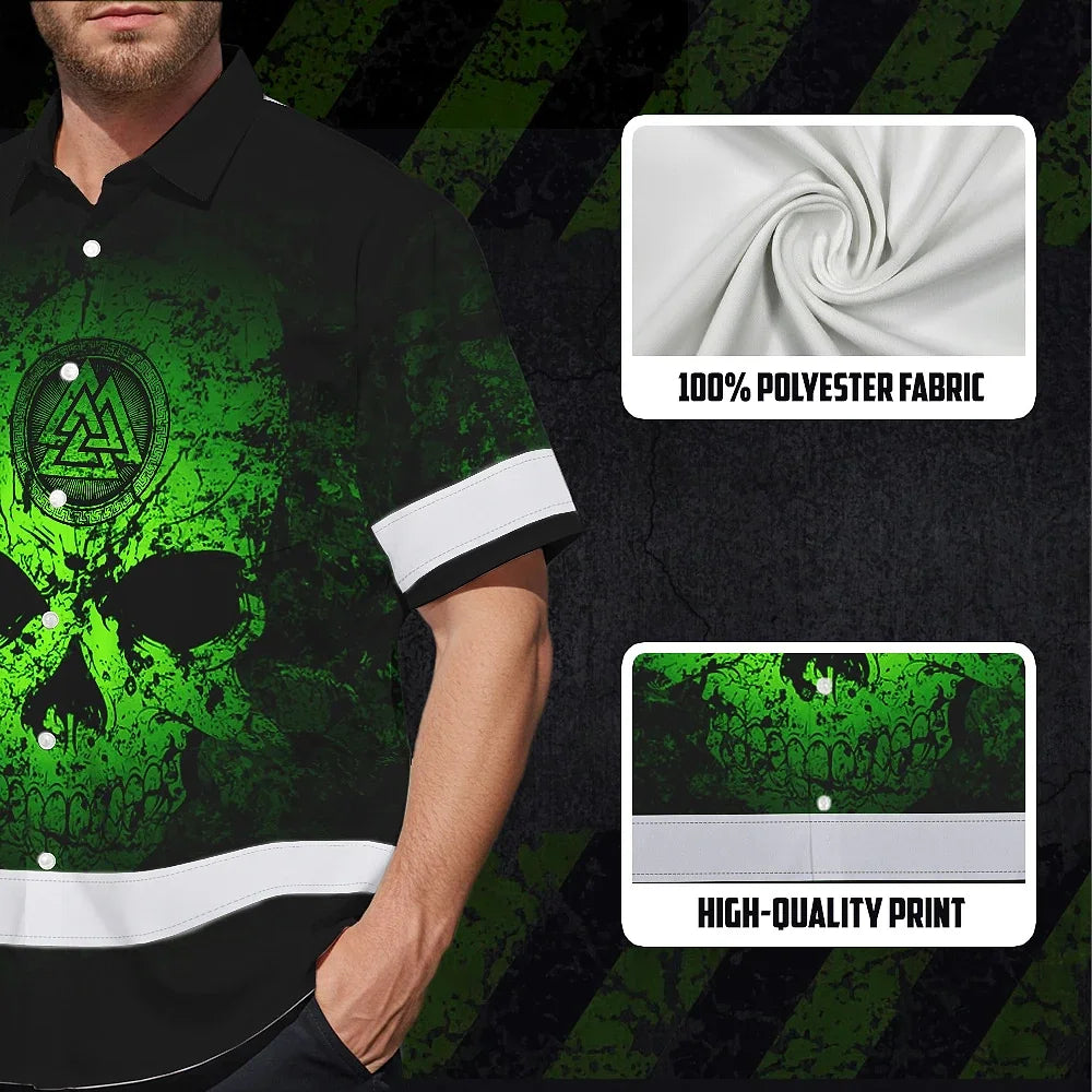 Hi Vis Hawaiian Shirt Reflective Tapes Skull Viking Symbol Green Neon Custom Name