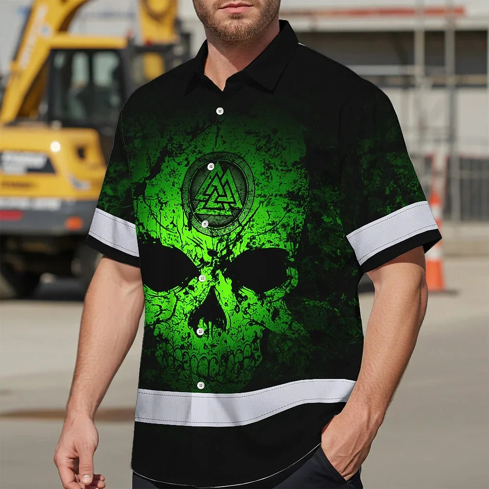 Hi Vis Hawaiian Shirt Reflective Tapes Skull Viking Symbol Green Neon Custom Name