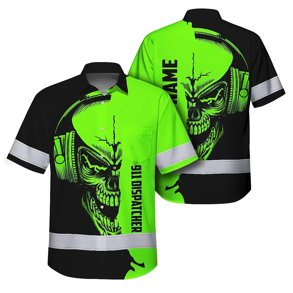 Hi Vis Hawaiian Shirt Reflective Tapes Skull With Headphone Custom Name