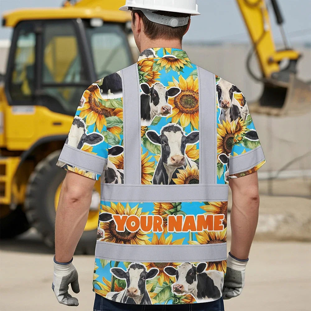 Hi Vis Hawaiian Shirt Reflective Tapes Sunflower Cow Custom Name Safety Workwear For Workers, Truckers, Operators