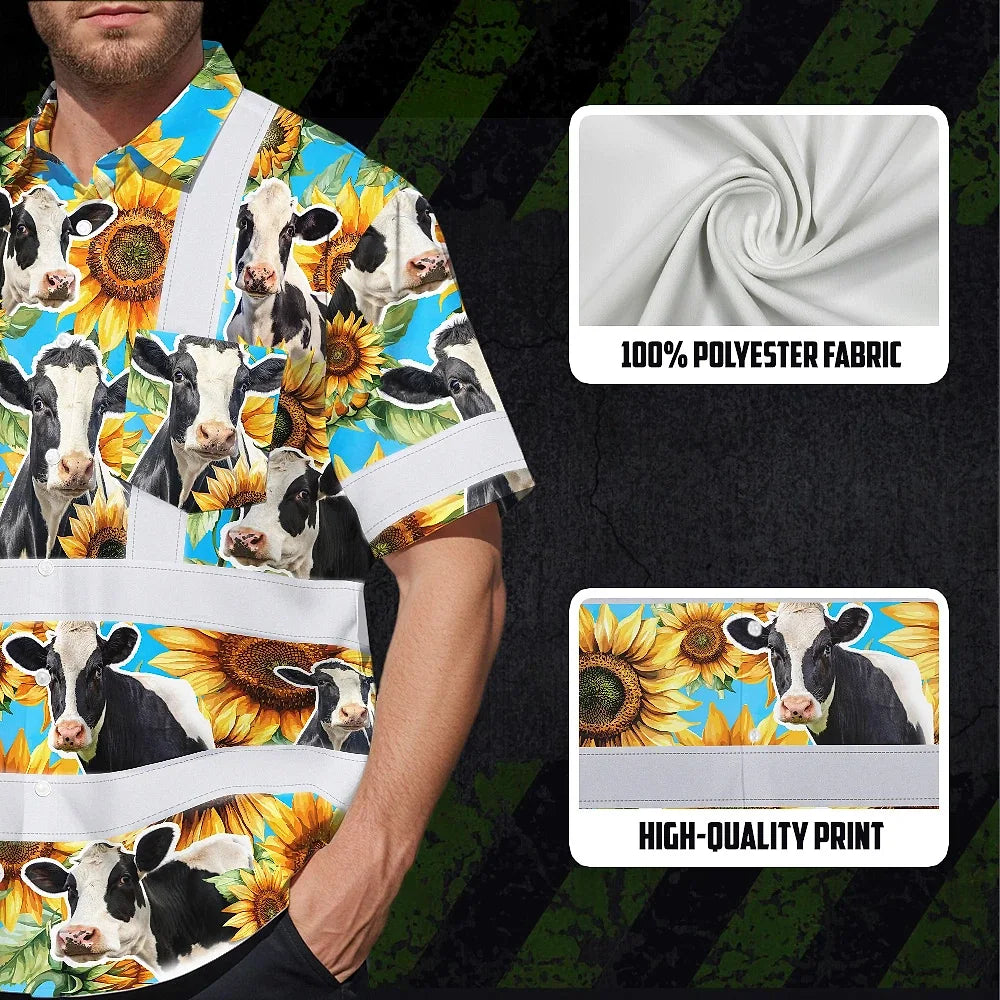 Hi Vis Hawaiian Shirt Reflective Tapes Sunflower Cow Custom Name Safety Workwear For Workers, Truckers, Operators
