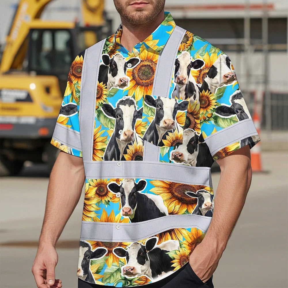 Hi Vis Hawaiian Shirt Reflective Tapes Sunflower Cow Custom Name Safety Workwear For Workers, Truckers, Operators