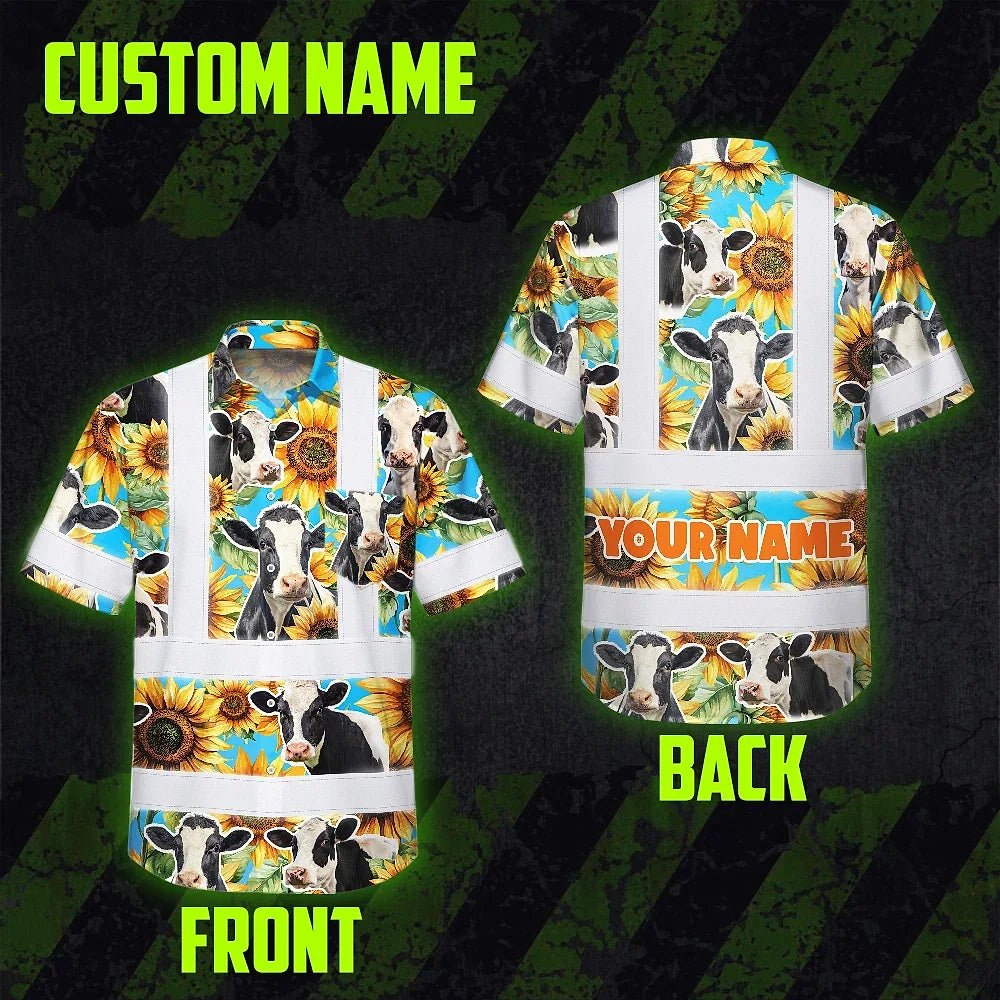 Hi Vis Hawaiian Shirt Reflective Tapes Sunflower Cow Custom Name Safety Workwear For Workers, Truckers, Operators