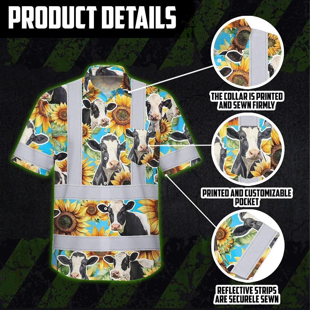 Hi Vis Hawaiian Shirt Reflective Tapes Sunflower Cow Custom Name Safety Workwear For Workers, Truckers, Operators