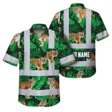 Hi Vis Hawaiian Shirt Reflective Tapes Tiger Flowers Custom Name Safety Workwear For Workers, Truckers, Operators