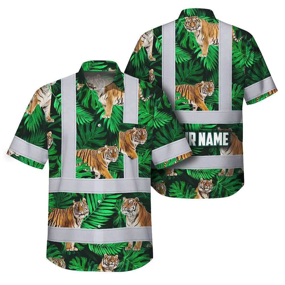 Hi Vis Hawaiian Shirt Reflective Tapes Tiger Flowers Custom Name Safety Workwear For Workers, Truckers, Operators