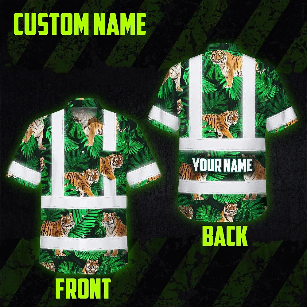 Hi Vis Hawaiian Shirt Reflective Tapes Tiger Flowers Custom Name Safety Workwear For Workers, Truckers, Operators