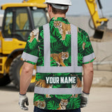 Hi Vis Hawaiian Shirt Reflective Tapes Tiger Flowers Custom Name Safety Workwear For Workers, Truckers, Operators
