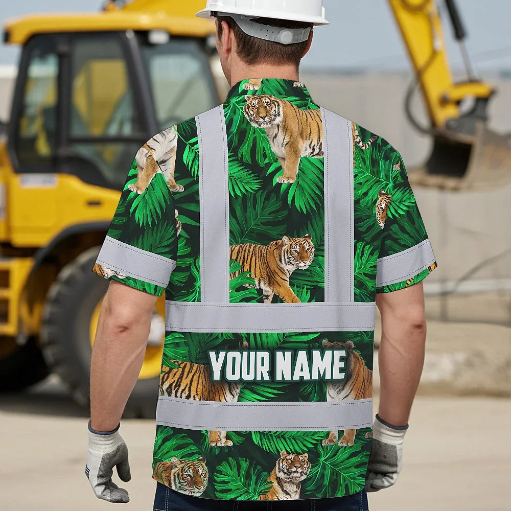Hi Vis Hawaiian Shirt Reflective Tapes Tiger Flowers Custom Name Safety Workwear For Workers, Truckers, Operators
