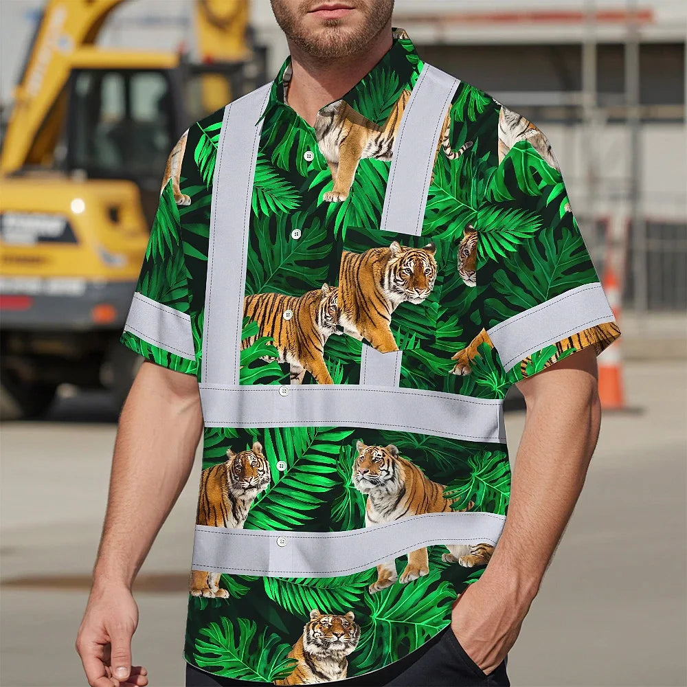 Hi Vis Hawaiian Shirt Reflective Tapes Tiger Flowers Custom Name Safety Workwear For Workers, Truckers, Operators