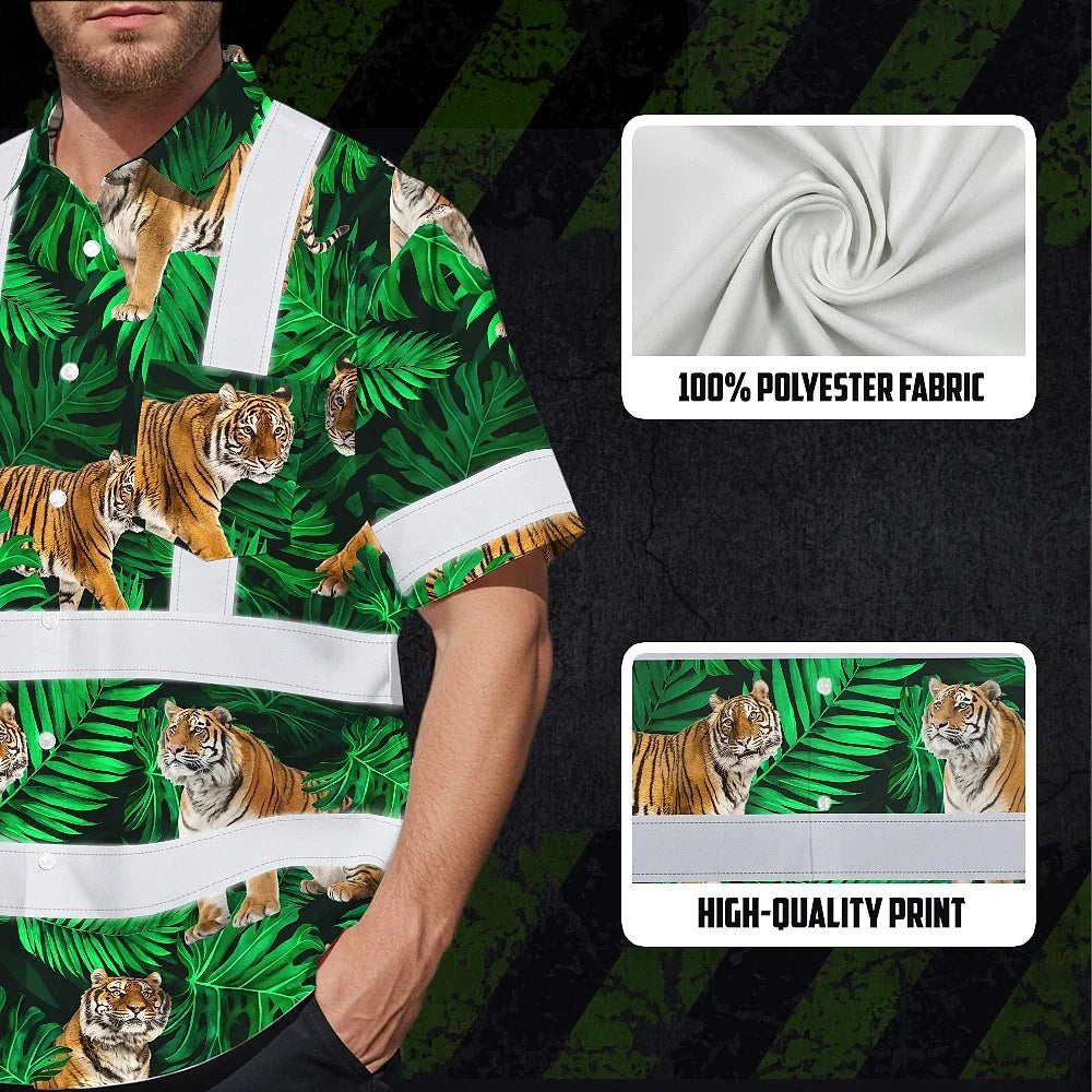 Hi Vis Hawaiian Shirt Reflective Tapes Tiger Flowers Custom Name Safety Workwear For Workers, Truckers, Operators