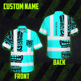 Hi Vis Hawaiian Shirt Reflective Tapes TiKi Hawaiian Blue Neon Polynesian Tribal Custom Name Safety Workwear For Workers, Truckers, Operators