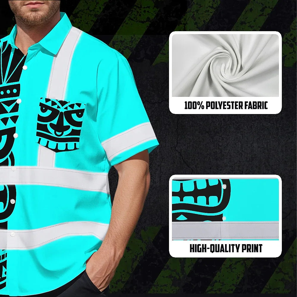 Hi Vis Hawaiian Shirt Reflective Tapes TiKi Hawaiian Blue Neon Polynesian Tribal Custom Name Safety Workwear For Workers, Truckers, Operators