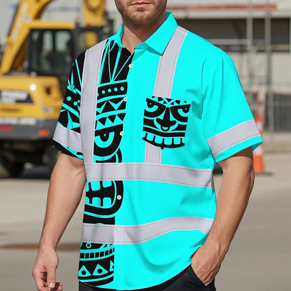 Hi Vis Hawaiian Shirt Reflective Tapes TiKi Hawaiian Blue Neon Polynesian Tribal Custom Name Safety Workwear For Workers, Truckers, Operators