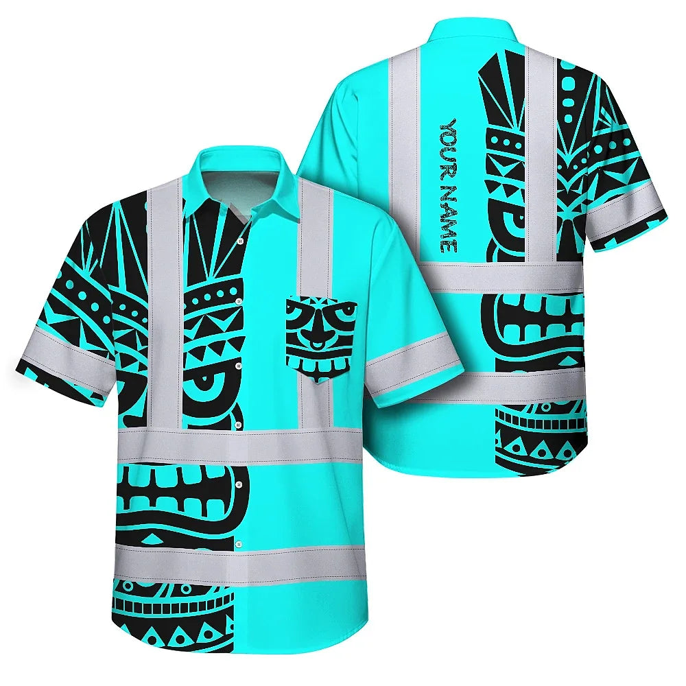 Hi Vis Hawaiian Shirt Reflective Tapes TiKi Hawaiian Blue Neon Polynesian Tribal Custom Name Safety Workwear For Workers, Truckers, Operators