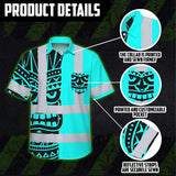 Hi Vis Hawaiian Shirt Reflective Tapes TiKi Hawaiian Blue Neon Polynesian Tribal Custom Name Safety Workwear For Workers, Truckers, Operators
