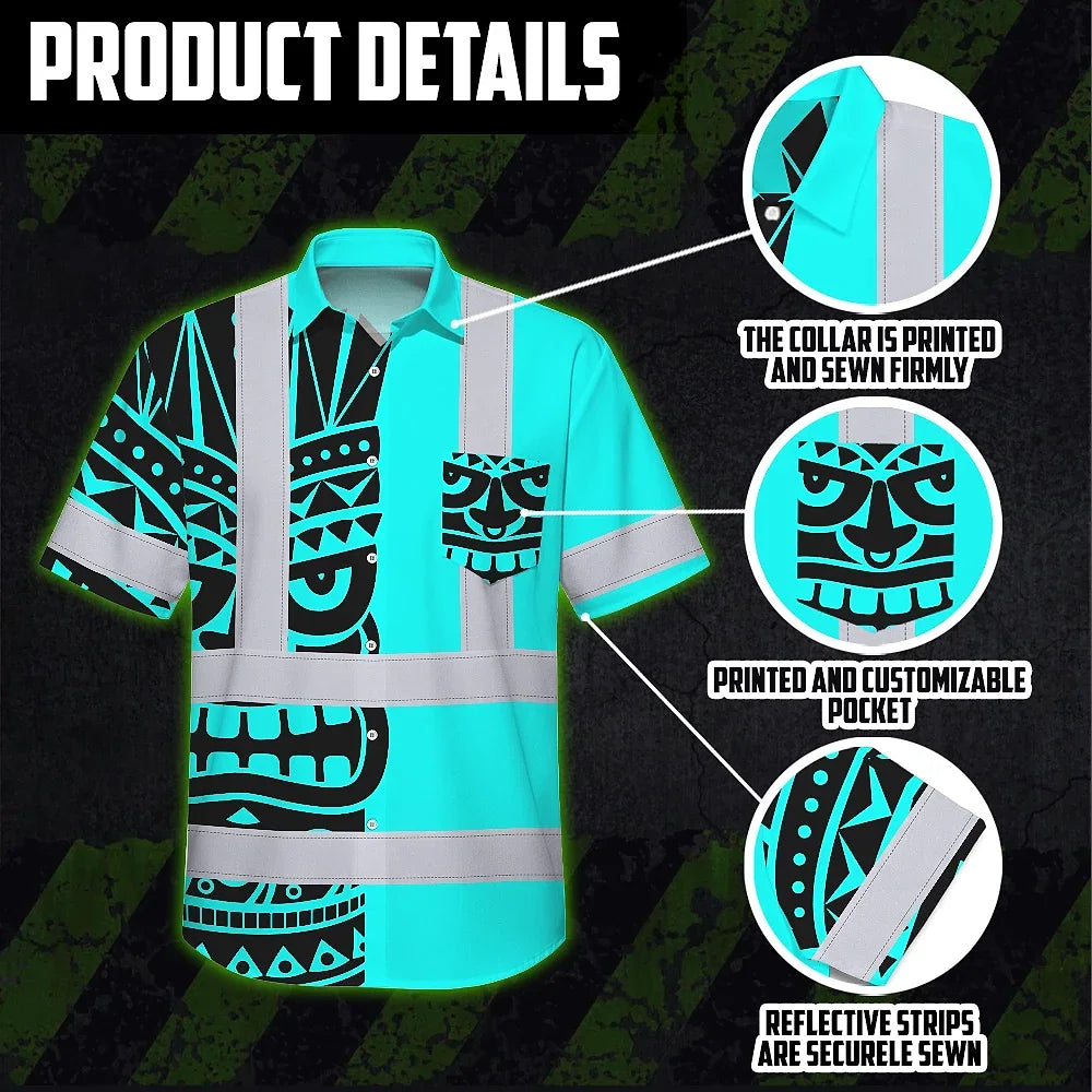Hi Vis Hawaiian Shirt Reflective Tapes TiKi Hawaiian Blue Neon Polynesian Tribal Custom Name Safety Workwear For Workers, Truckers, Operators
