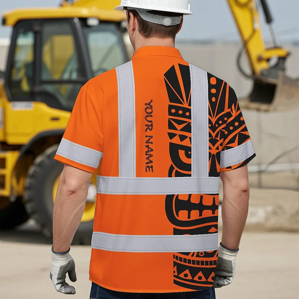 Hi Vis Hawaiian Shirt Reflective Tapes TiKi Hawaiian Orange Neon Polynesian Tribal Custom Name Safety Workwear For Workers, Truckers, Operators