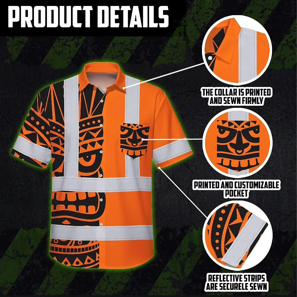 Hi Vis Hawaiian Shirt Reflective Tapes TiKi Hawaiian Orange Neon Polynesian Tribal Custom Name Safety Workwear For Workers, Truckers, Operators