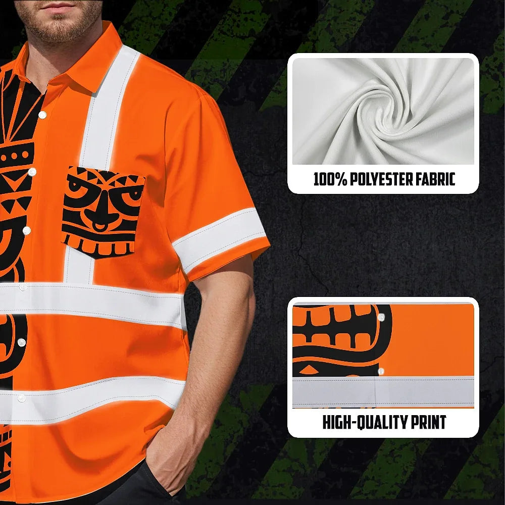 Hi Vis Hawaiian Shirt Reflective Tapes TiKi Hawaiian Orange Neon Polynesian Tribal Custom Name Safety Workwear For Workers, Truckers, Operators