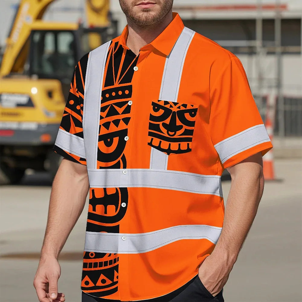 Hi Vis Hawaiian Shirt Reflective Tapes TiKi Hawaiian Orange Neon Polynesian Tribal Custom Name Safety Workwear For Workers, Truckers, Operators