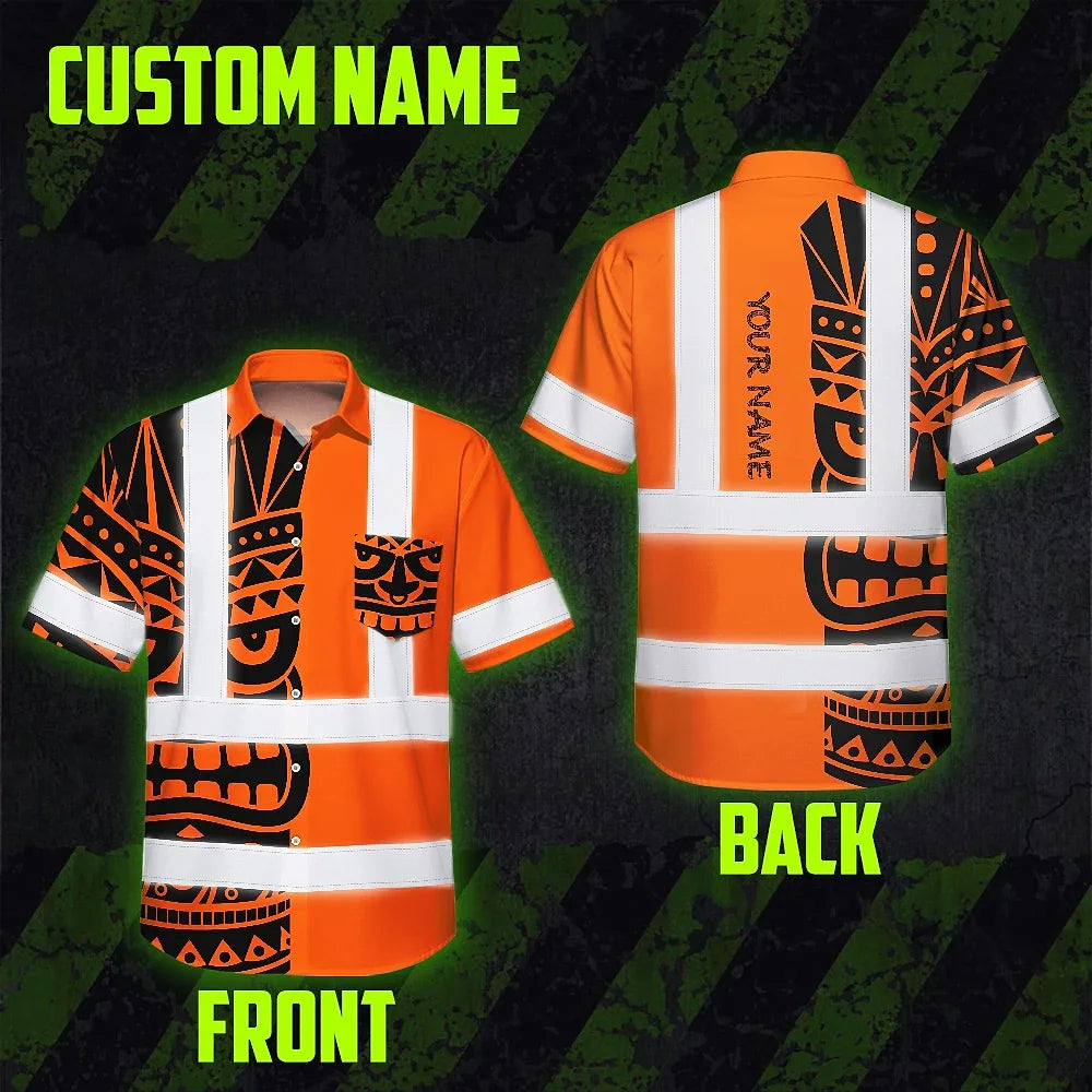 Hi Vis Hawaiian Shirt Reflective Tapes TiKi Hawaiian Orange Neon Polynesian Tribal Custom Name Safety Workwear For Workers, Truckers, Operators