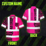 Hi Vis Hawaiian Shirt Reflective Tapes TiKi Hawaiian Pink Neon Polynesian Tribal Custom Name Safety Workwear For Workers, Truckers, Operators