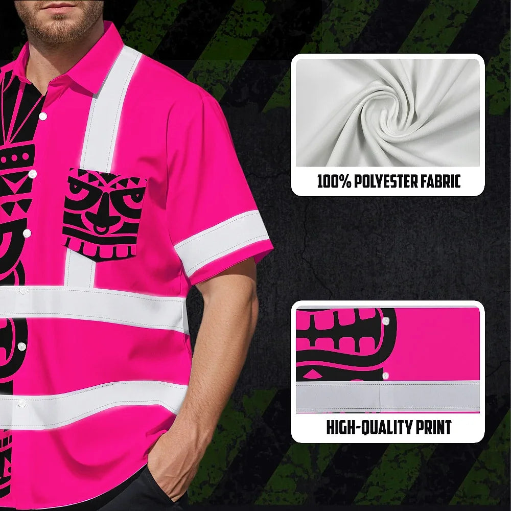 Hi Vis Hawaiian Shirt Reflective Tapes TiKi Hawaiian Pink Neon Polynesian Tribal Custom Name Safety Workwear For Workers, Truckers, Operators
