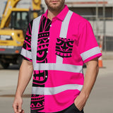 Hi Vis Hawaiian Shirt Reflective Tapes TiKi Hawaiian Pink Neon Polynesian Tribal Custom Name Safety Workwear For Workers, Truckers, Operators