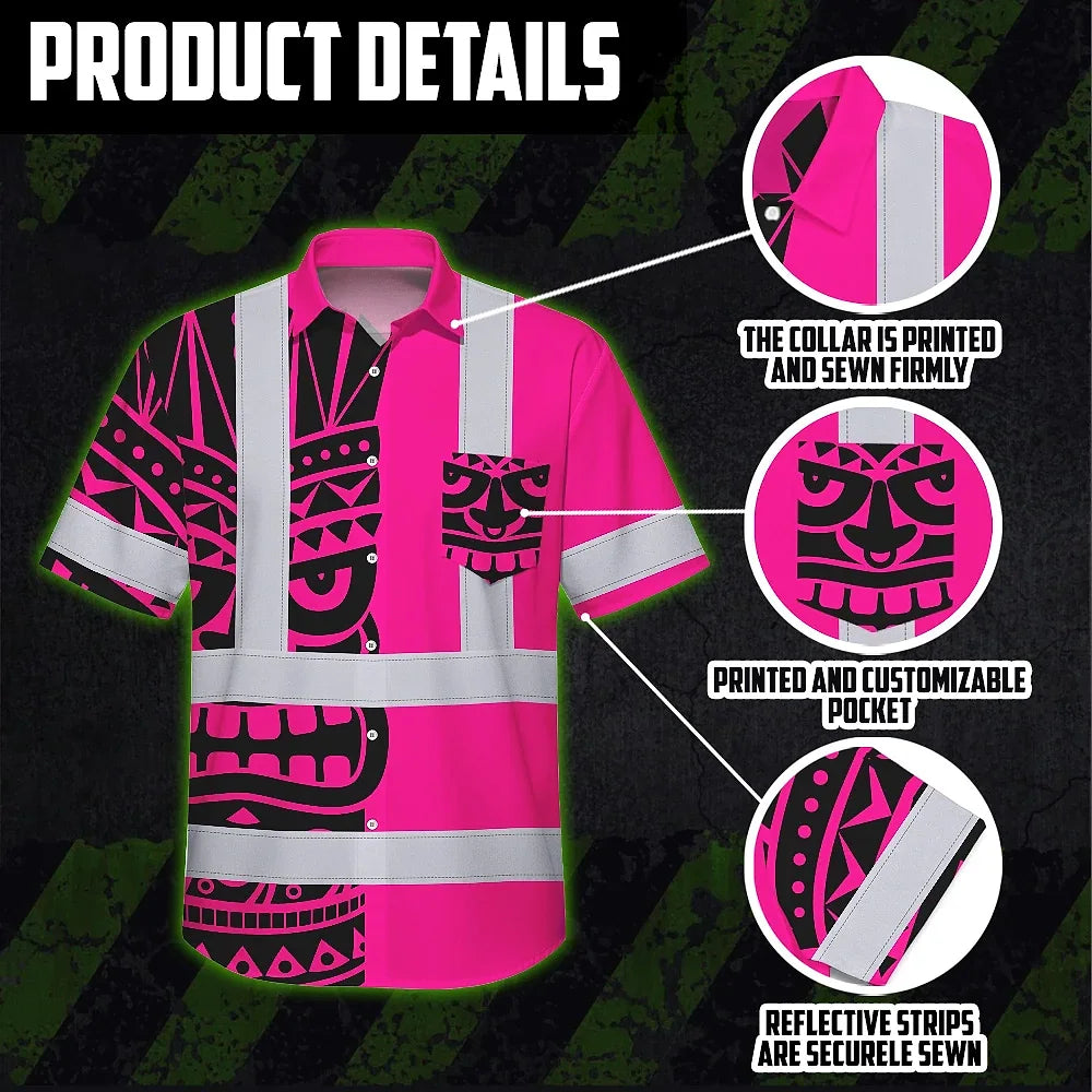 Hi Vis Hawaiian Shirt Reflective Tapes TiKi Hawaiian Pink Neon Polynesian Tribal Custom Name Safety Workwear For Workers, Truckers, Operators