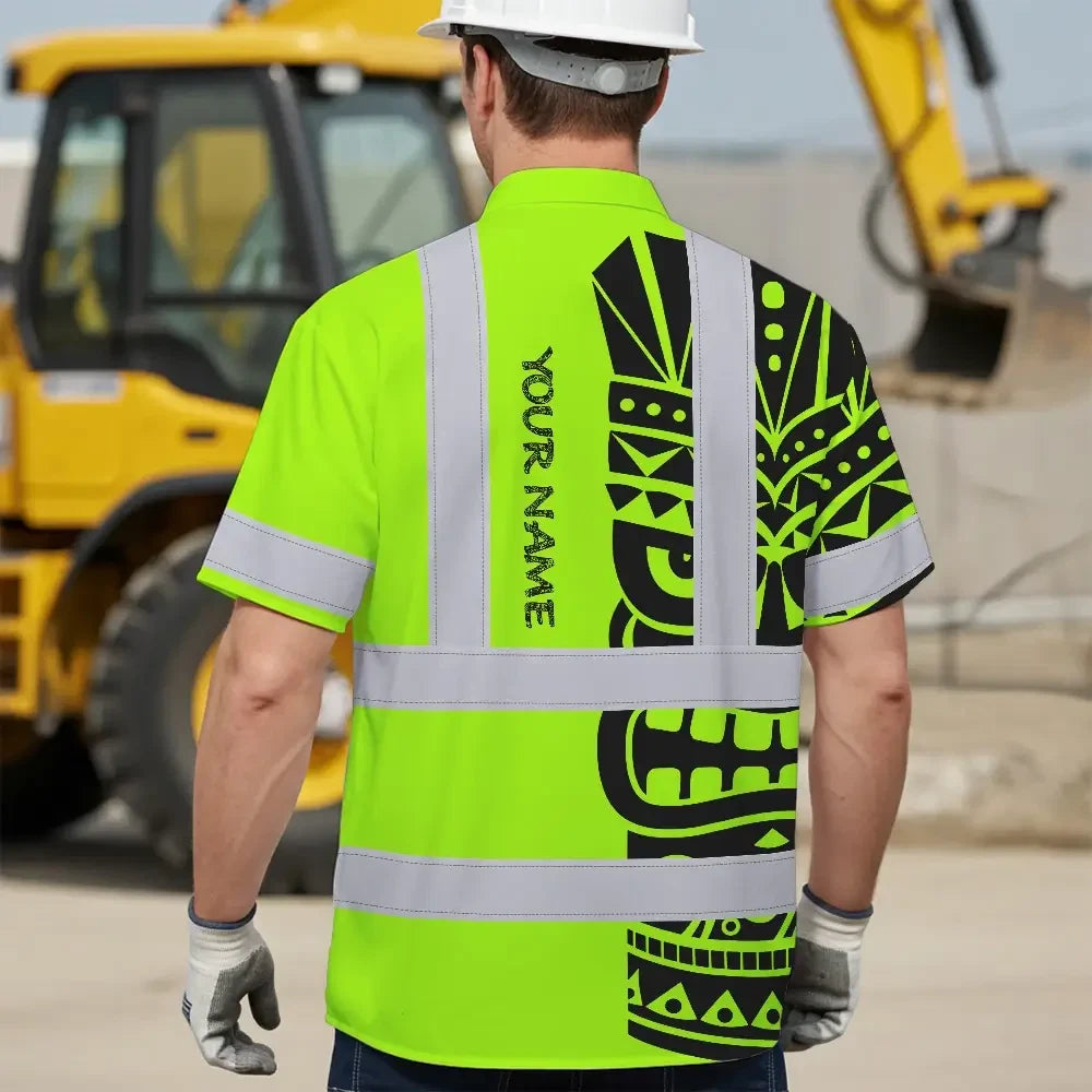 Hi Vis Hawaiian Shirt Reflective Tapes TiKi Hawaiian Polynesian Tribal Custom Name
