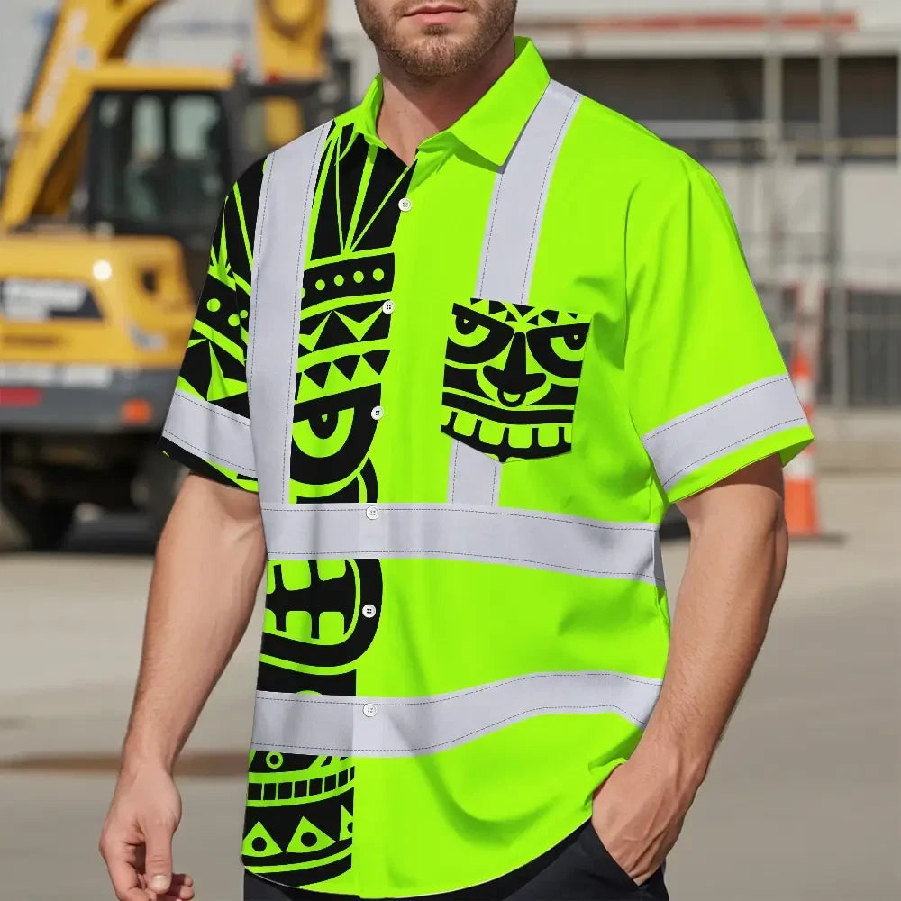 Hi Vis Hawaiian Shirt Reflective Tapes TiKi Hawaiian Polynesian Tribal Custom Name