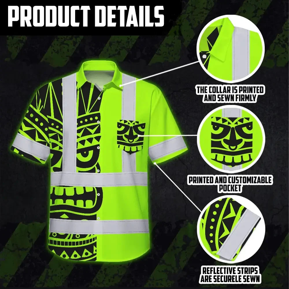 Hi Vis Hawaiian Shirt Reflective Tapes TiKi Hawaiian Polynesian Tribal Custom Name